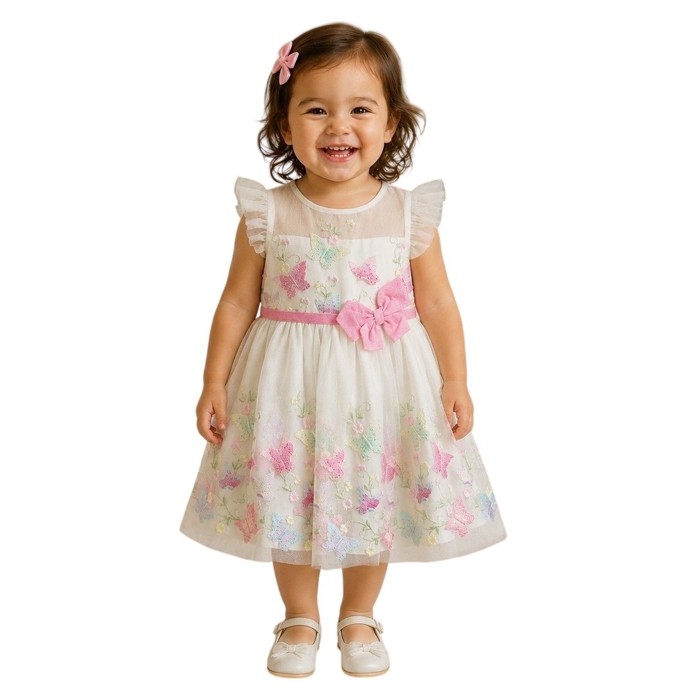 Girls‎ 2T Butterfly Embroidered Tulle Dress Pink White Floral Party Wedding
